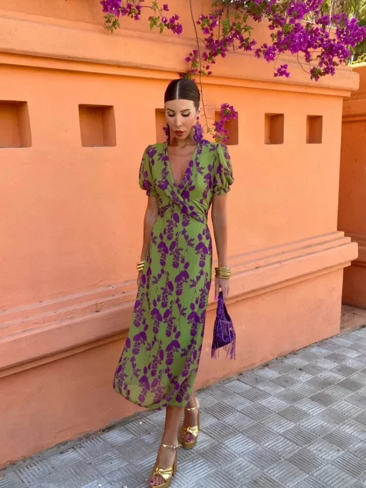 Lovisa | Mujer Vestido Cruzado Floral con Escote en V y Mangas Abullonadas