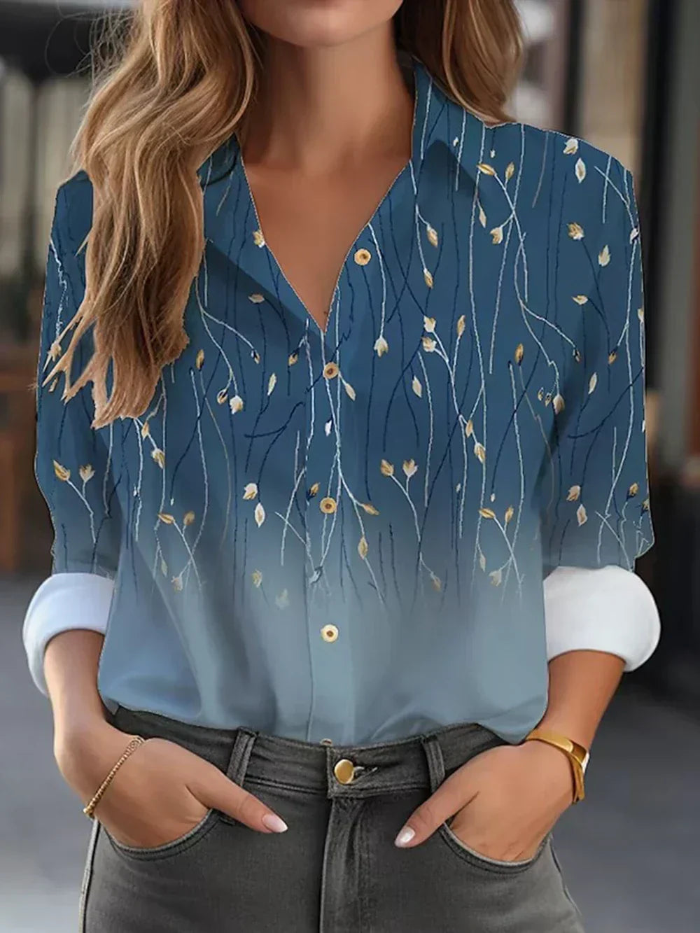 Regine | Mujer Blusa Floral en Acuarela con Cuello y Botones
