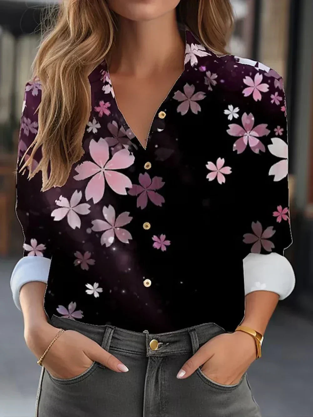 Regine | Mujer Blusa Floral en Acuarela con Cuello y Botones