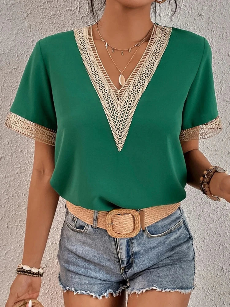Davina | Mujer Blusa Fluida con Encaje en Cuello y Mangas