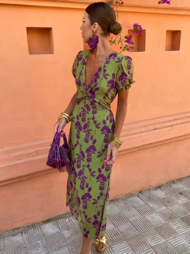 Lovisa | Mujer Vestido Cruzado Floral con Escote en V y Mangas Abullonadas