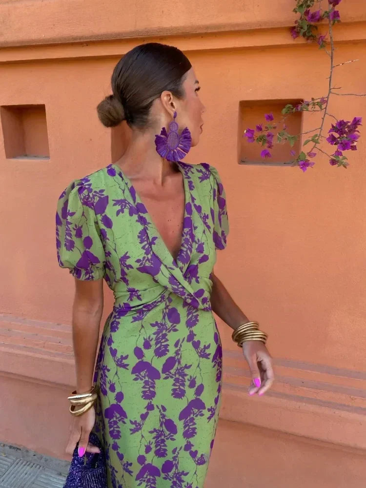 Lovisa | Mujer Vestido Cruzado Floral con Escote en V y Mangas Abullonadas