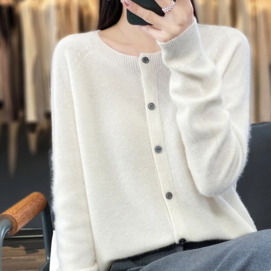 Anna | Mujer Cárdigan de Lana Merino con Cuello Redondo