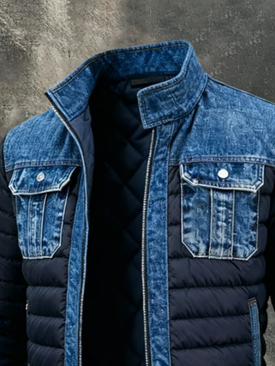 Jake | Hombre Chaqueta Puffer Híbrida de Denim con Cuello Alto