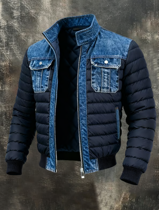 Jake | Hombre Chaqueta Puffer Híbrida de Denim con Cuello Alto