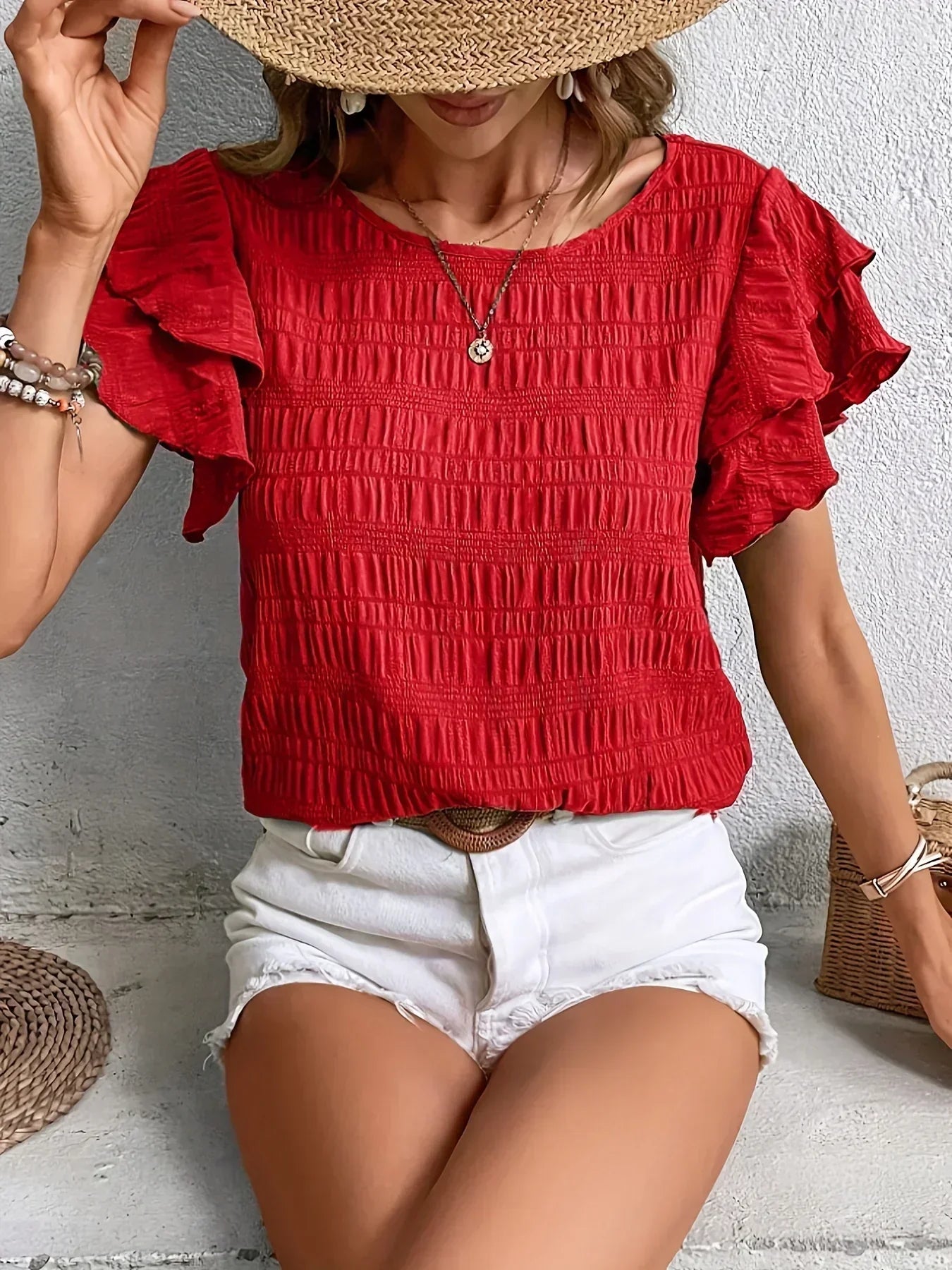 Charmaine | Mujer Blusa Plisada con Mangas de Volantes