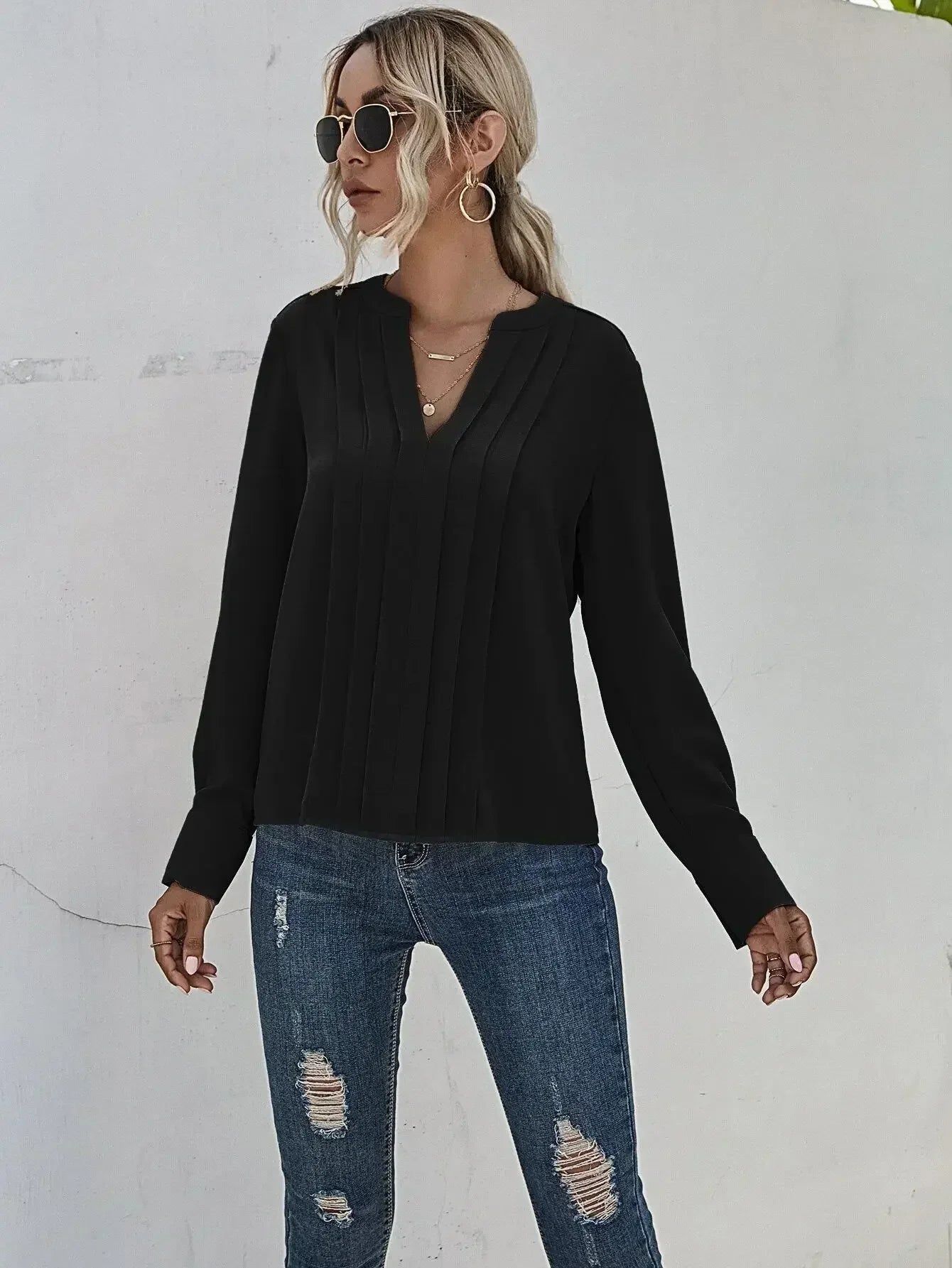 Seona | Mujer Blusa Plisada con Escote en V y Mangas Largas