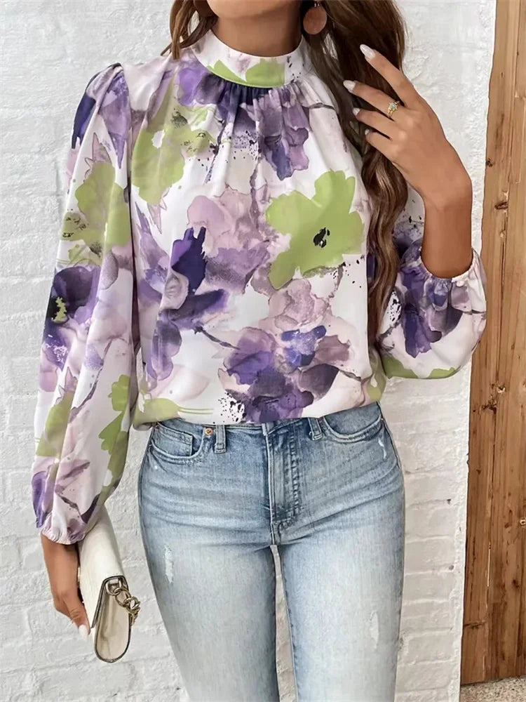 Lani | Mujer Blusa Floral en Acuarela con Cuello Alto y Mangas Abullonadas