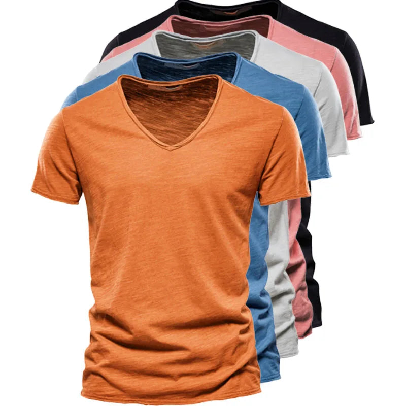Léon | Hombre Camiseta Básica de Algodón con Escote en V