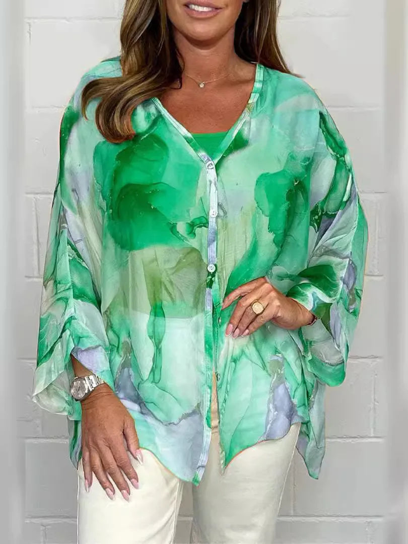 Steph | Mujer Blusa Oversize con Estampado de Acuarela y Botones