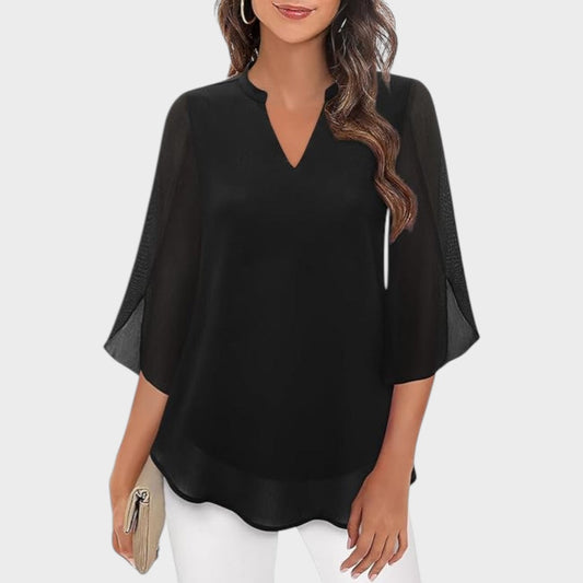 Elena | Mujer Blusa Fluida con Escote en V y Mangas Transparentes