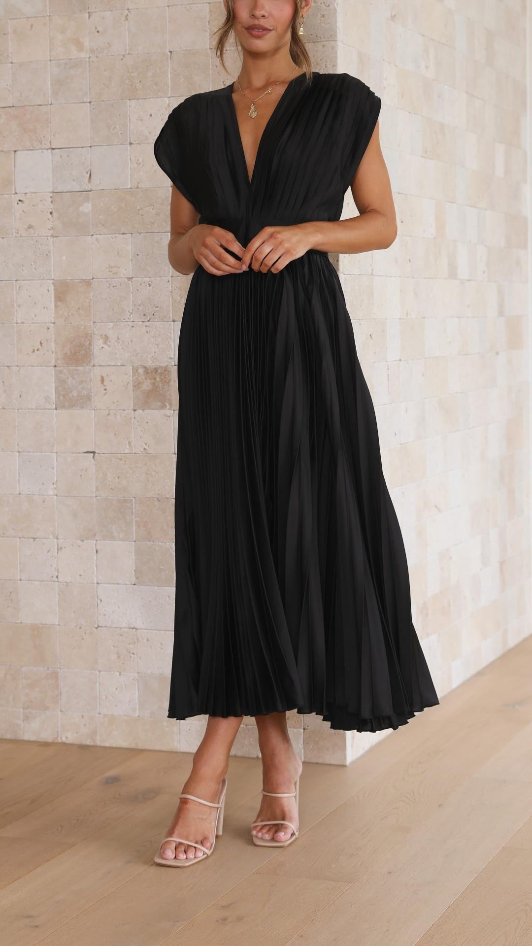 Charlene | Mujer Vestido Maxi Plisado con Escote en V