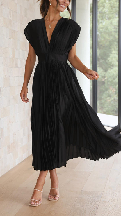 Charlene | Mujer Vestido Maxi Plisado con Escote en V