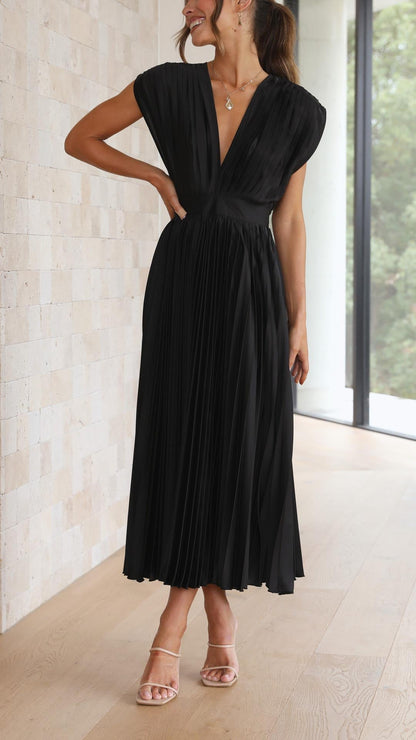 Charlene | Mujer Vestido Maxi Plisado con Escote en V