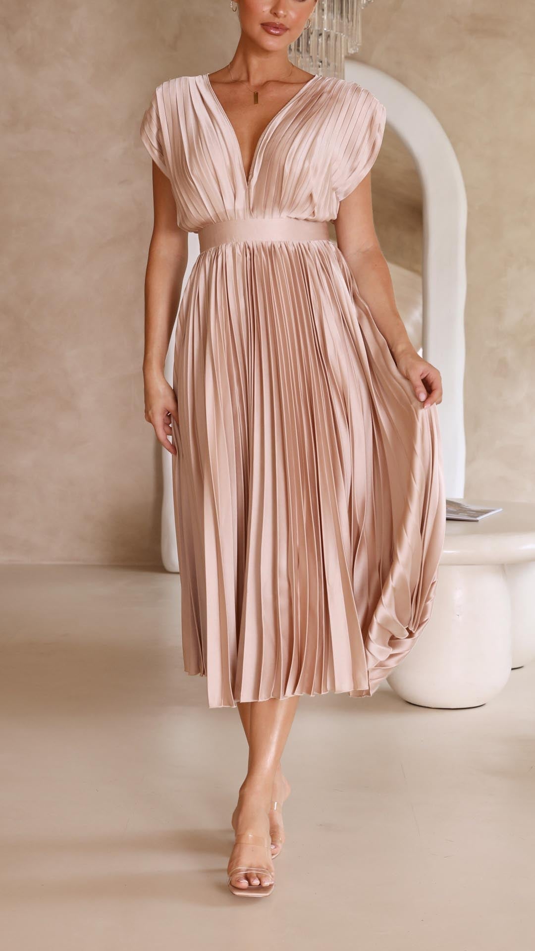 Charlene | Mujer Vestido Maxi Plisado con Escote en V