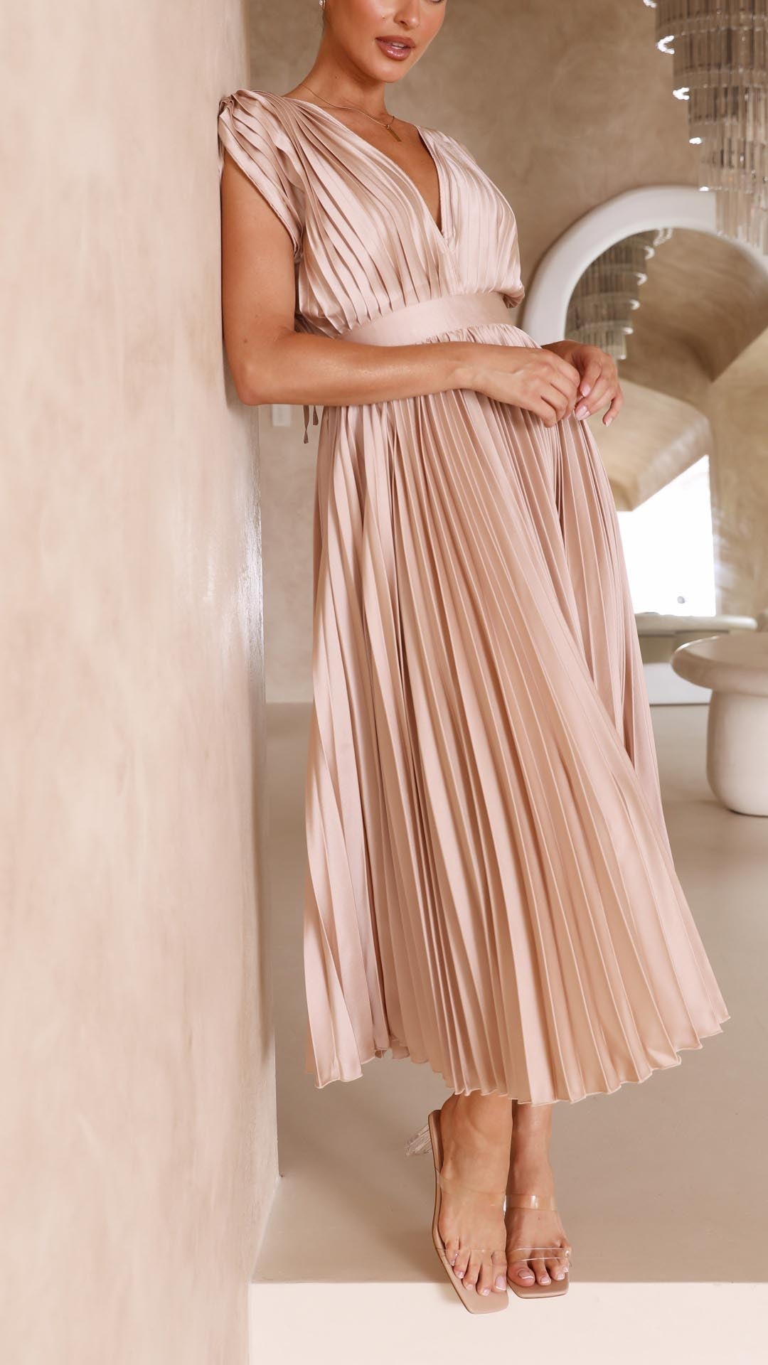 Charlene | Mujer Vestido Maxi Plisado con Escote en V