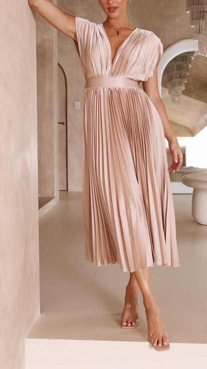 Charlene | Mujer Vestido Maxi Plisado con Escote en V