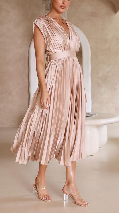 Charlene | Mujer Vestido Maxi Plisado con Escote en V
