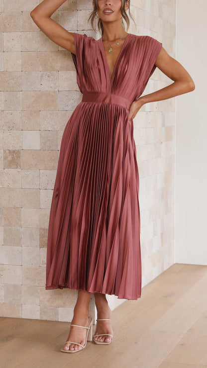 Charlene | Mujer Vestido Maxi Plisado con Escote en V