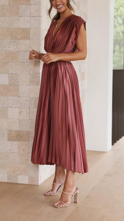 Charlene | Mujer Vestido Maxi Plisado con Escote en V
