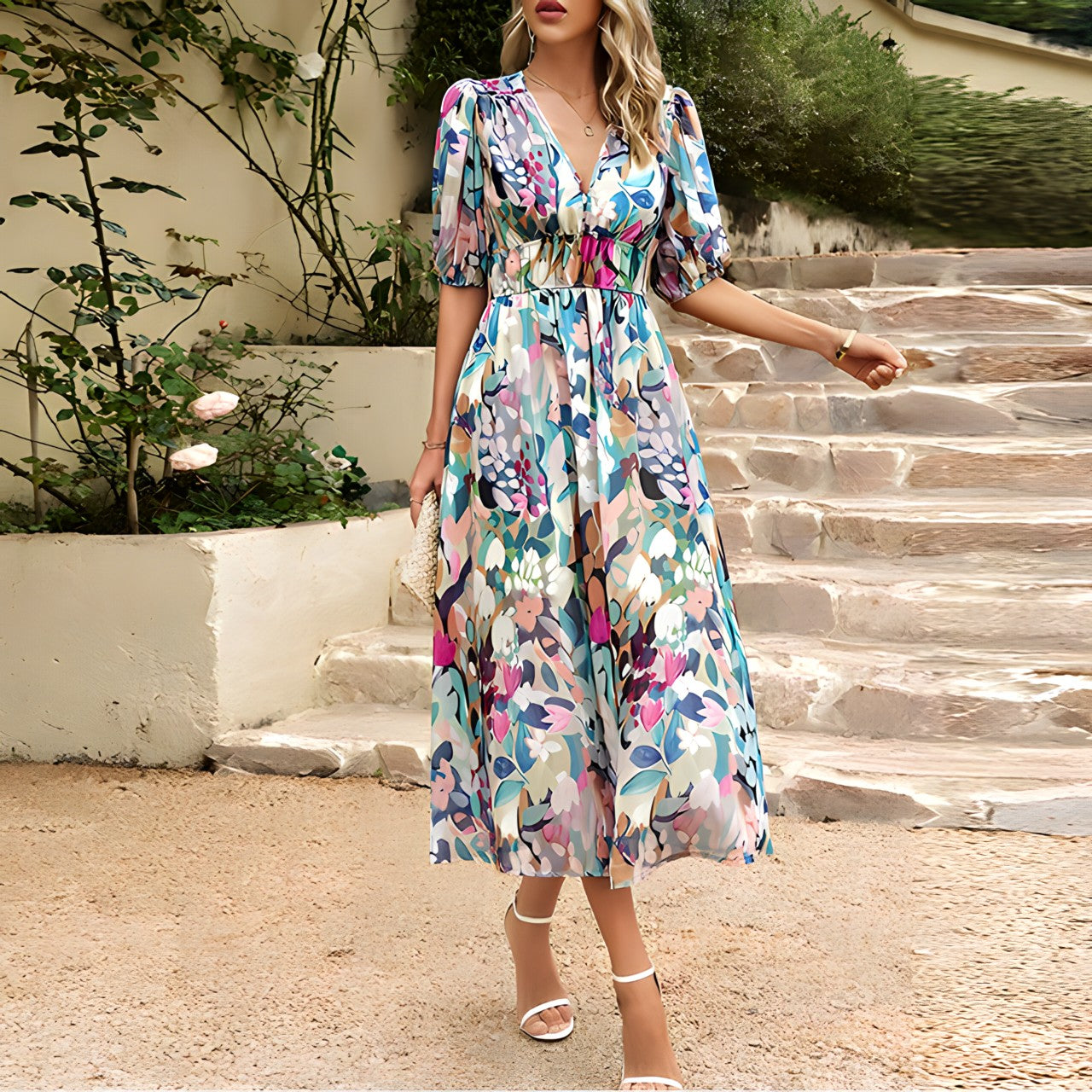 Lana | Mujer Vestido Midi con Cintura Fruncida y Mangas Abullonadas