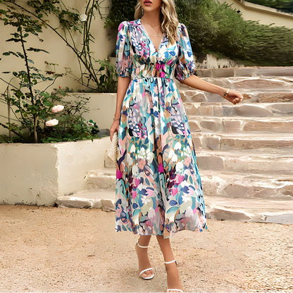 Lana | Mujer Vestido Midi con Cintura Fruncida y Mangas Abullonadas