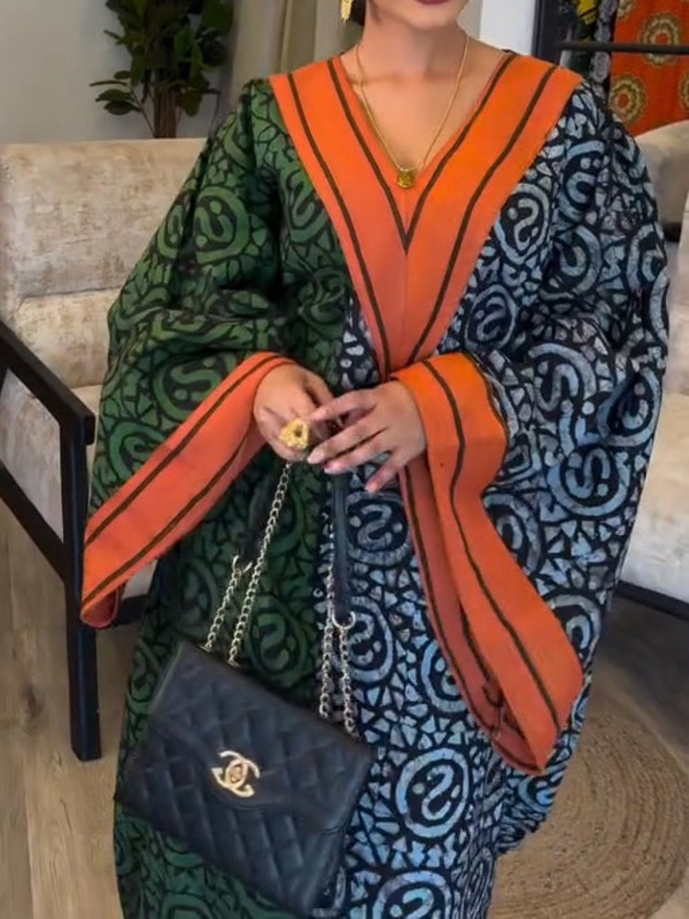 Imani | Mujer Vestido Maxi Kaftán con Escote en V y Estampado Africano