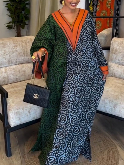 Imani | Mujer Vestido Maxi Kaftán con Escote en V y Estampado Africano