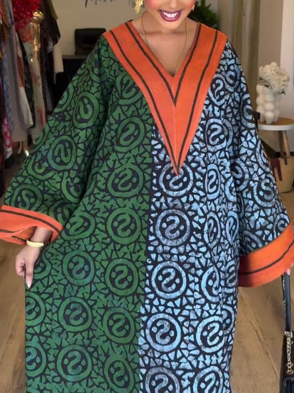 Imani | Mujer Vestido Maxi Kaftán con Escote en V y Estampado Africano