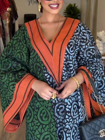 Imani | Mujer Vestido Maxi Kaftán con Escote en V y Estampado Africano