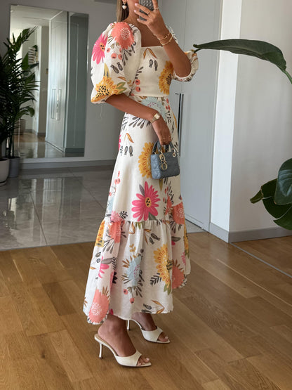 Camille | Mujer Vestido Floral con Escote Cuadrado y Mangas Abullonadas