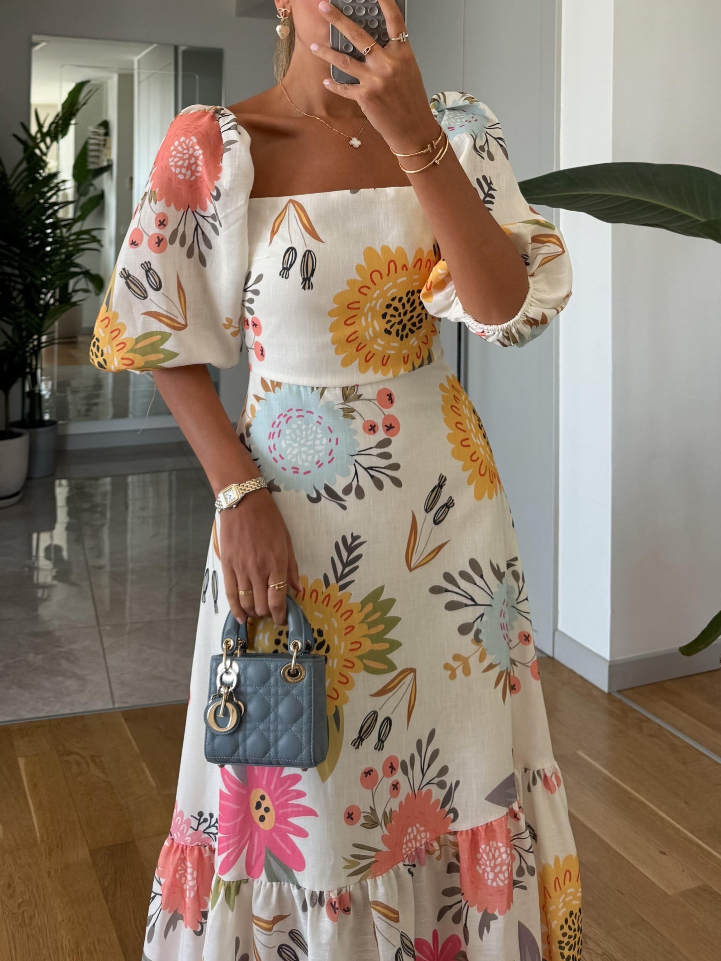 Camille | Mujer Vestido Floral con Escote Cuadrado y Mangas Abullonadas