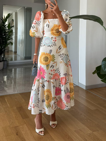 Camille | Mujer Vestido Floral con Escote Cuadrado y Mangas Abullonadas