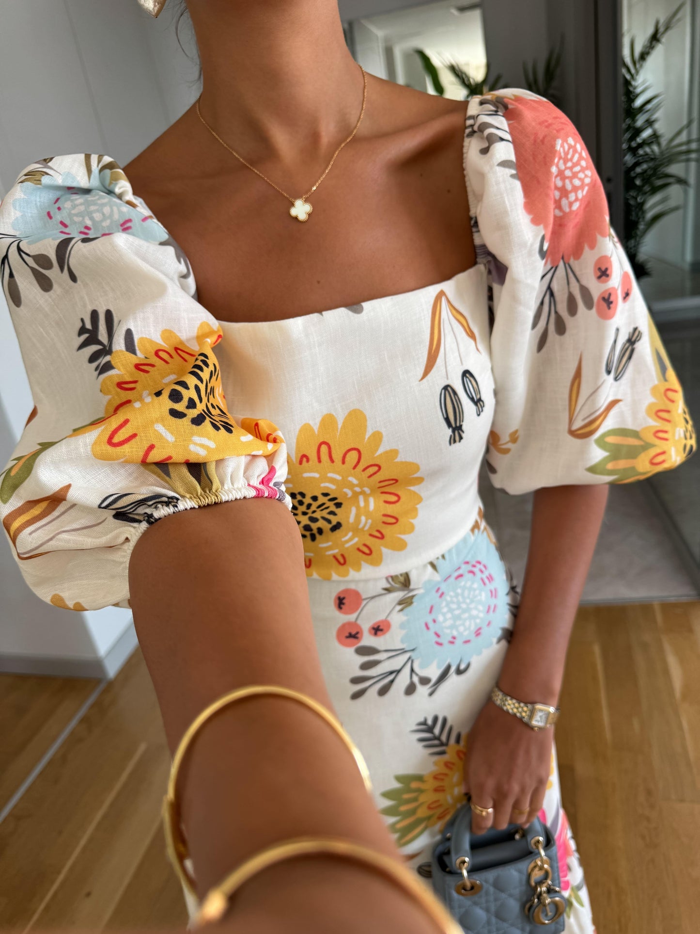Camille | Mujer Vestido Floral con Escote Cuadrado y Mangas Abullonadas
