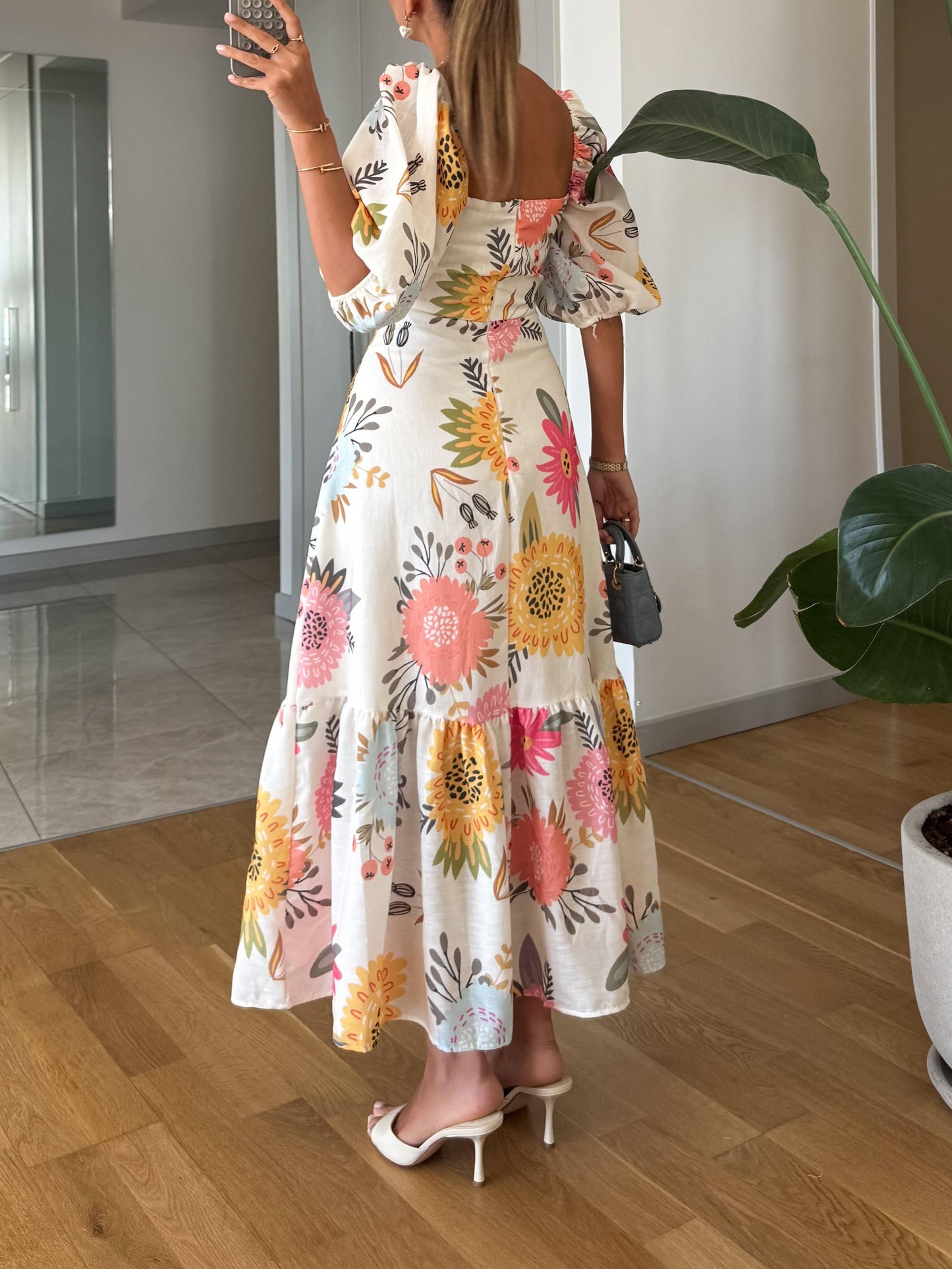 Camille | Mujer Vestido Floral con Escote Cuadrado y Mangas Abullonadas