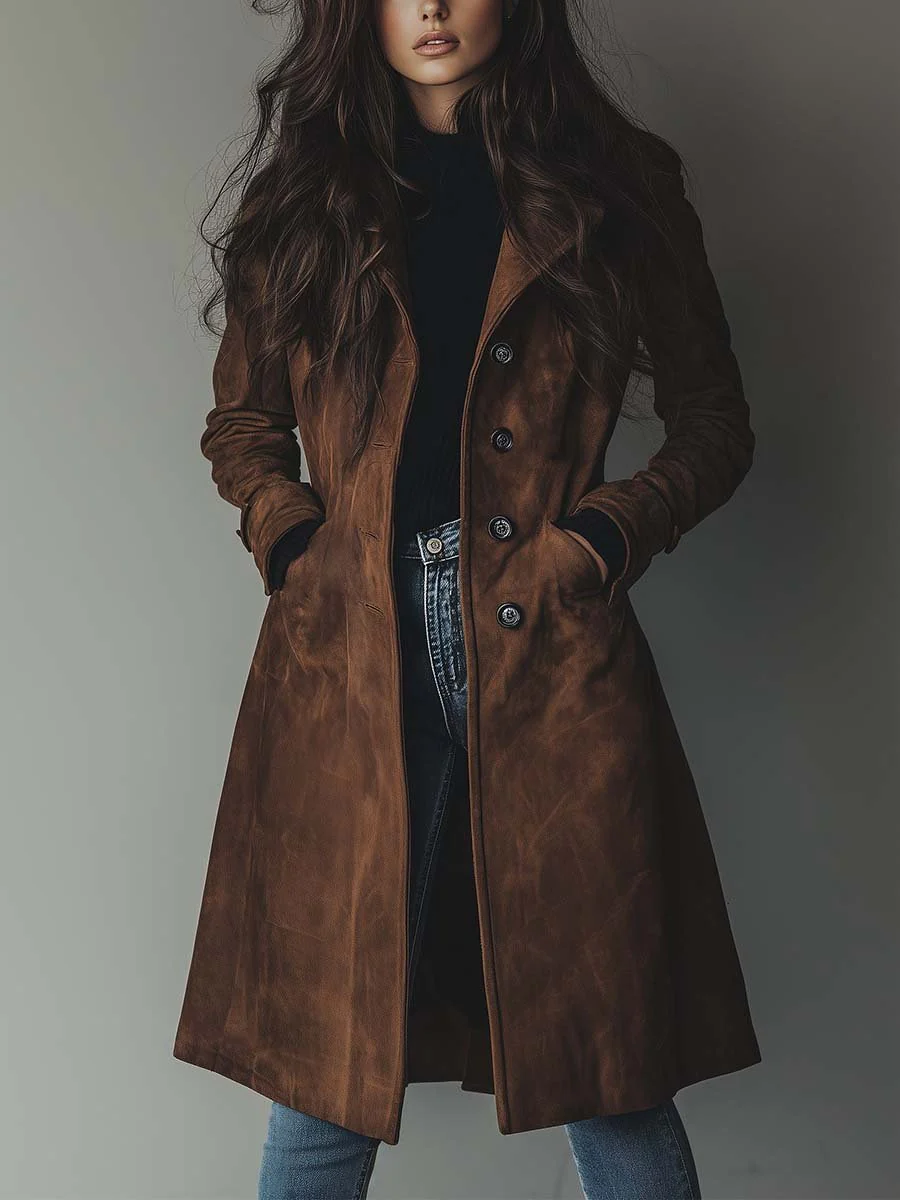Jane | Mujer Chaqueta Larga de Ante Vintage con Botones
