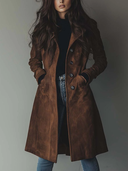 Jane | Mujer Chaqueta Larga de Ante Vintage con Botones