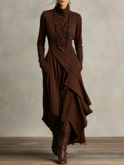 Brenda | Mujer Maxi Vestido Drapeado con Cuello Alto y Dobladillo Asimétrico