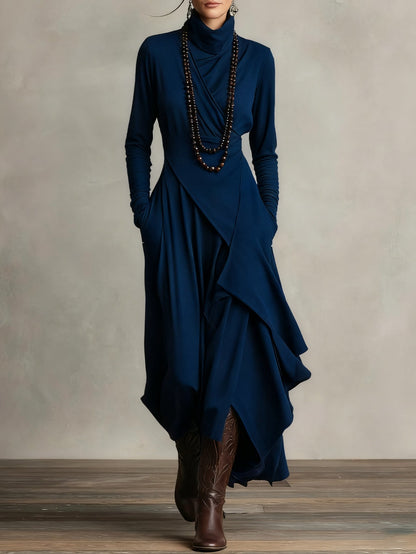 Brenda | Mujer Maxi Vestido Drapeado con Cuello Alto y Dobladillo Asimétrico