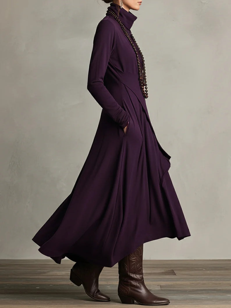 Brenda | Mujer Maxi Vestido Drapeado con Cuello Alto y Dobladillo Asimétrico