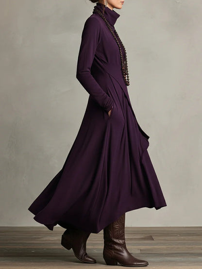 Brenda | Mujer Maxi Vestido Drapeado con Cuello Alto y Dobladillo Asimétrico
