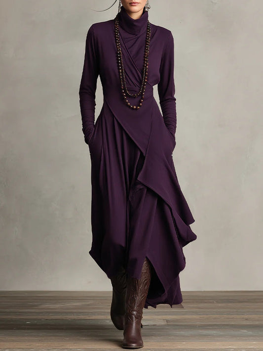 Brenda | Mujer Maxi Vestido Drapeado con Cuello Alto y Dobladillo Asimétrico