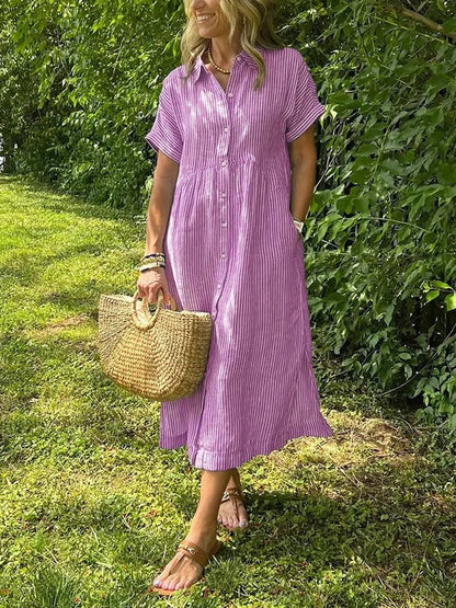 Camila | Mujer Vestido Midi con Botones y Manga Corta