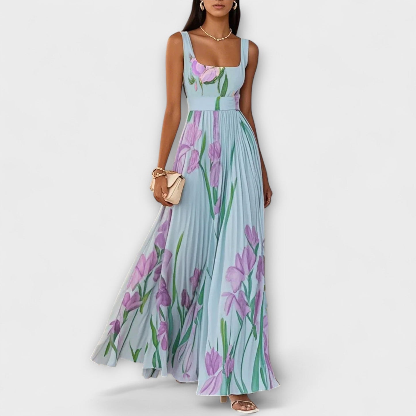 Sofia | Mujer Vestido Maxi Floral con Escote Cuadrado y Falda Plisada