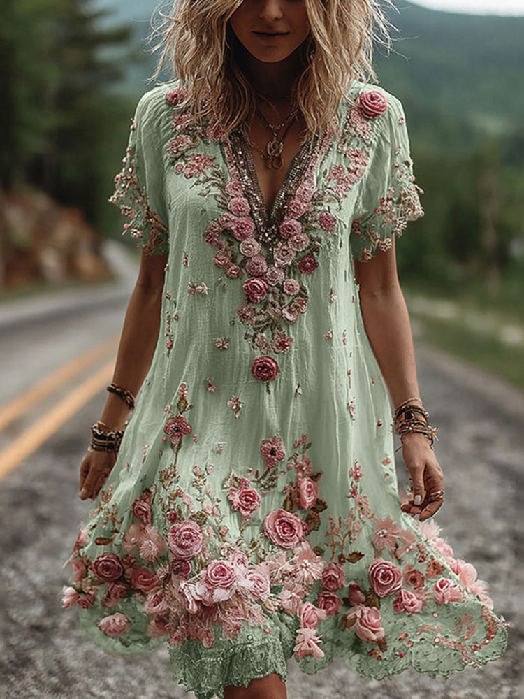 Ruby | Mujer Vestido con Escote en V y Bordado Floral
