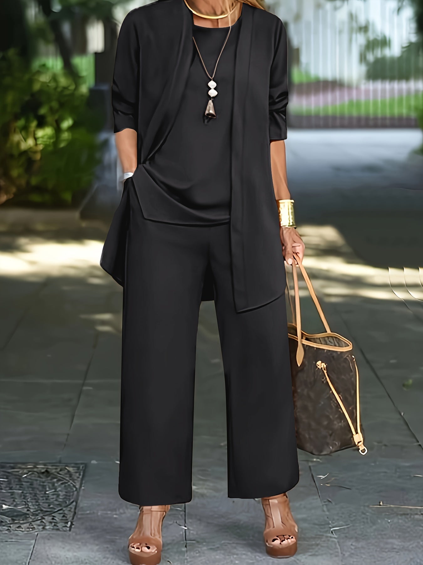 Melissa | Mujer Conjunto de Tres Piezas con Chaqueta Abierta y Pantalón Ancho