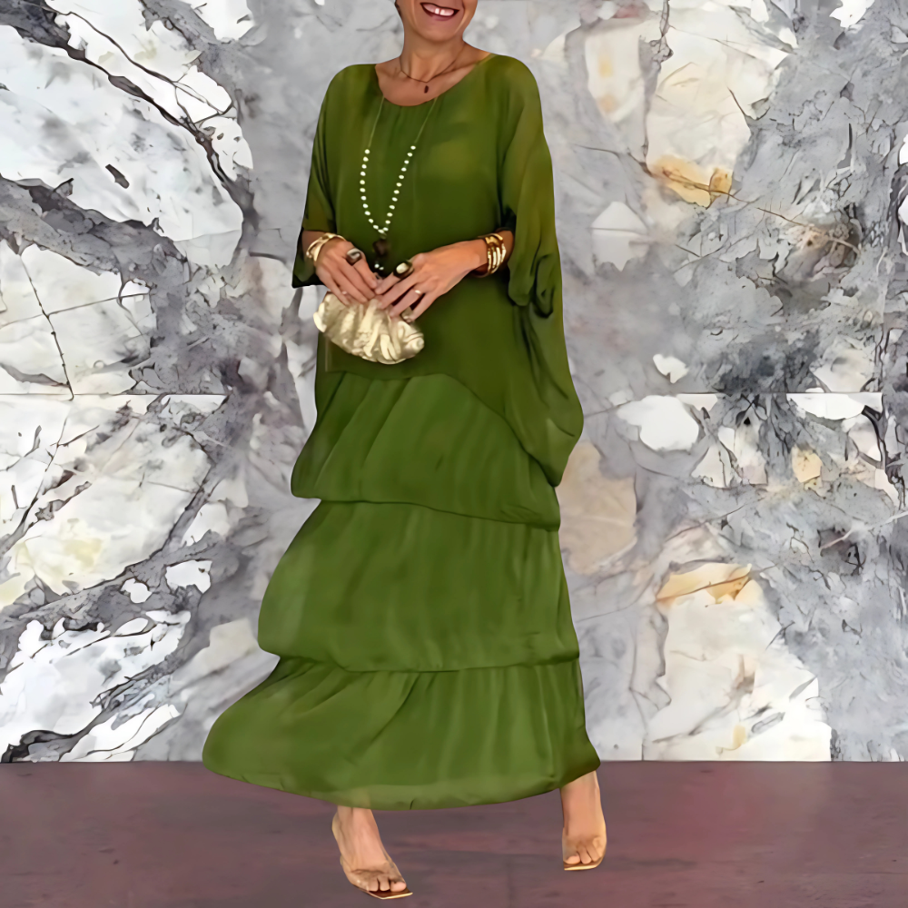 Jara | Mujer Vestido Largo con Mangas de Murciélago y Escote Redondo