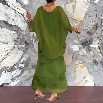 Jara | Mujer Vestido Largo con Mangas de Murciélago y Escote Redondo