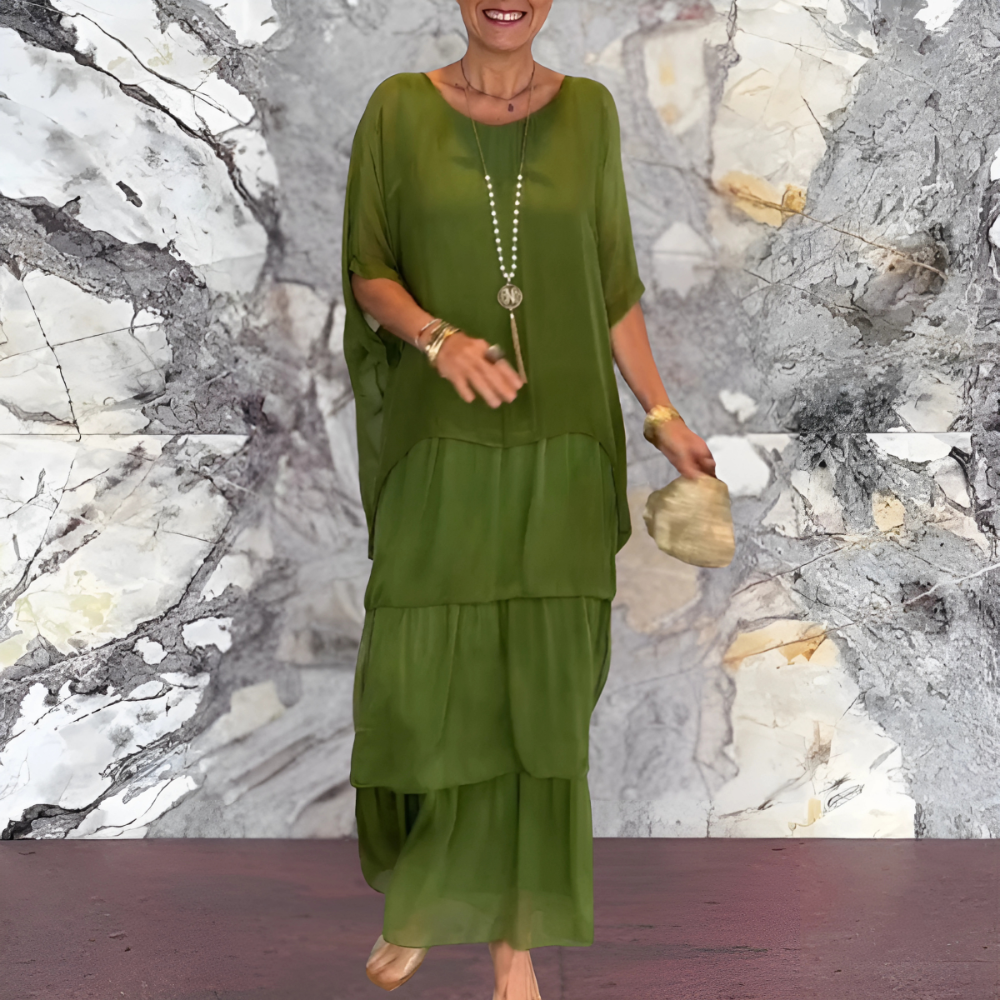 Jara | Mujer Vestido Largo con Mangas de Murciélago y Escote Redondo