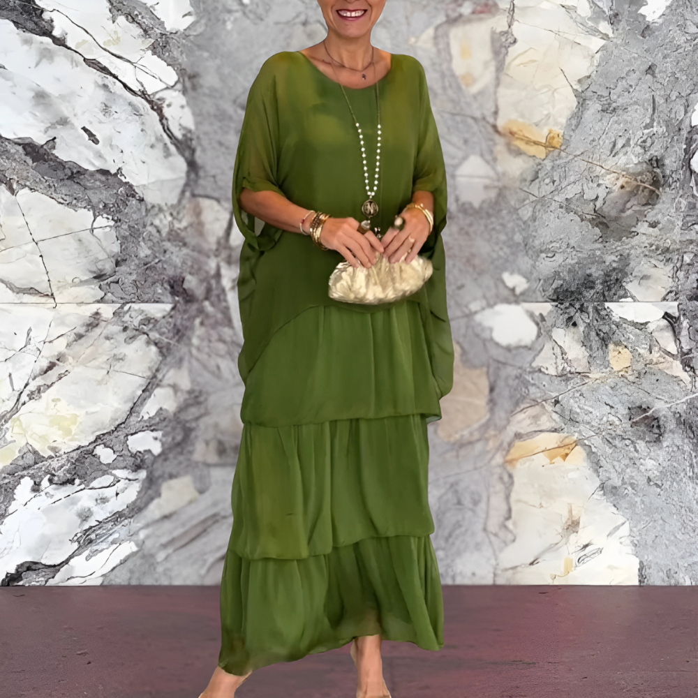 Jara | Mujer Vestido Largo con Mangas de Murciélago y Escote Redondo